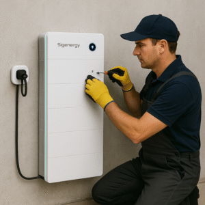 Das weiße Modell der Sigenergy-Heim-Batterie wird von einem Techniker mit gelben Handschuhen vor einer hellgrauen Wand installiert