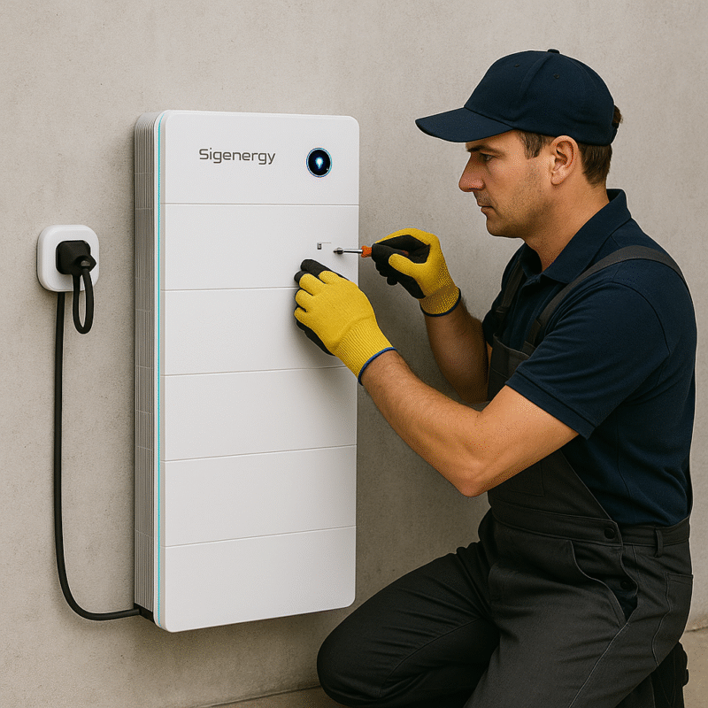 Das weiße Modell der Sigenergy-Heim-Batterie wird von einem Techniker mit gelben Handschuhen vor einer hellgrauen Wand installiert