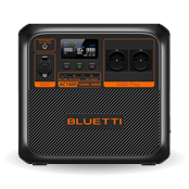 Tragbare Powerstation Bluetti AC200P in Schwarz und Orange, mit Display und verschiedenen Anschlüssen für die netzunabhängige Energieversorgung
