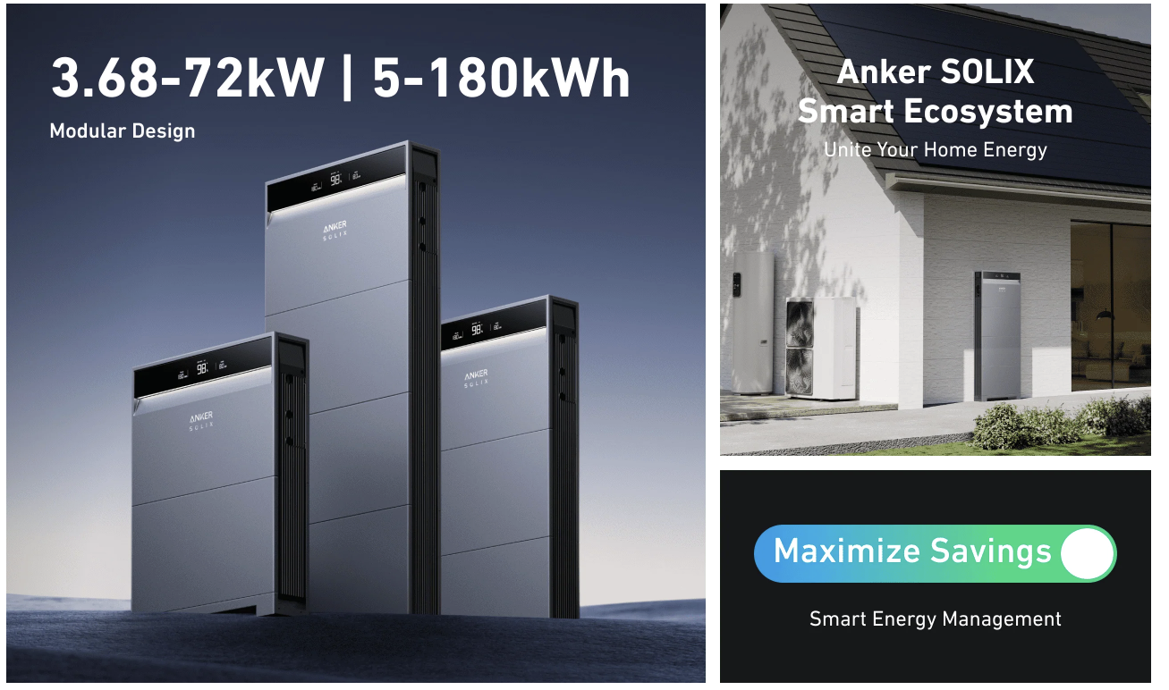 Graue modulare SOLIX-Heimbatterien von Anker in verschiedenen Größen mit digitalem Display zur Energiespeicherung und für ein effizientes Energiemanagement neben einem modernen weißen Haus mit Solarmodulen und einer Übersicht über intelligente Energiesparfunktionen.