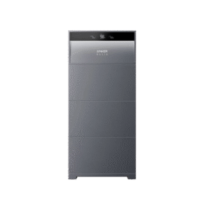 Anker Solix 9M-Heimakku in Mattgrau mit digitalem Display an der Oberseite für Energiemanagement und -speicherung in einem schlanken, vertikalen Design