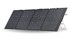Schwarzes, zusammenklappbares Solarmodul-Set auf Ständer für die mobile Off-Grid-Stromversorgung
