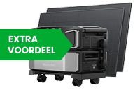 Schwarze tragbare Powerstation mit integriertem Solarpanel und „Extra-Vorteil“-Label, geeignet für die netzunabhängige Stromversorgung