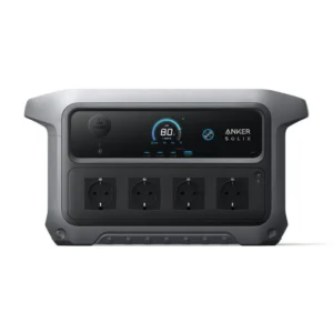 Anker Solix tragbare Powerstation in Grau mit digitalem Display und vier europäischen Steckdosen für die netzunabhängige Stromversorgung.