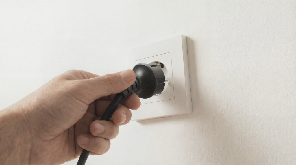 Stecker in einer weißen Steckdose mit einer Hand – Symbol für den Anschluss einer netzunabhängigen Stromversorgung oder einer Solaranlage.