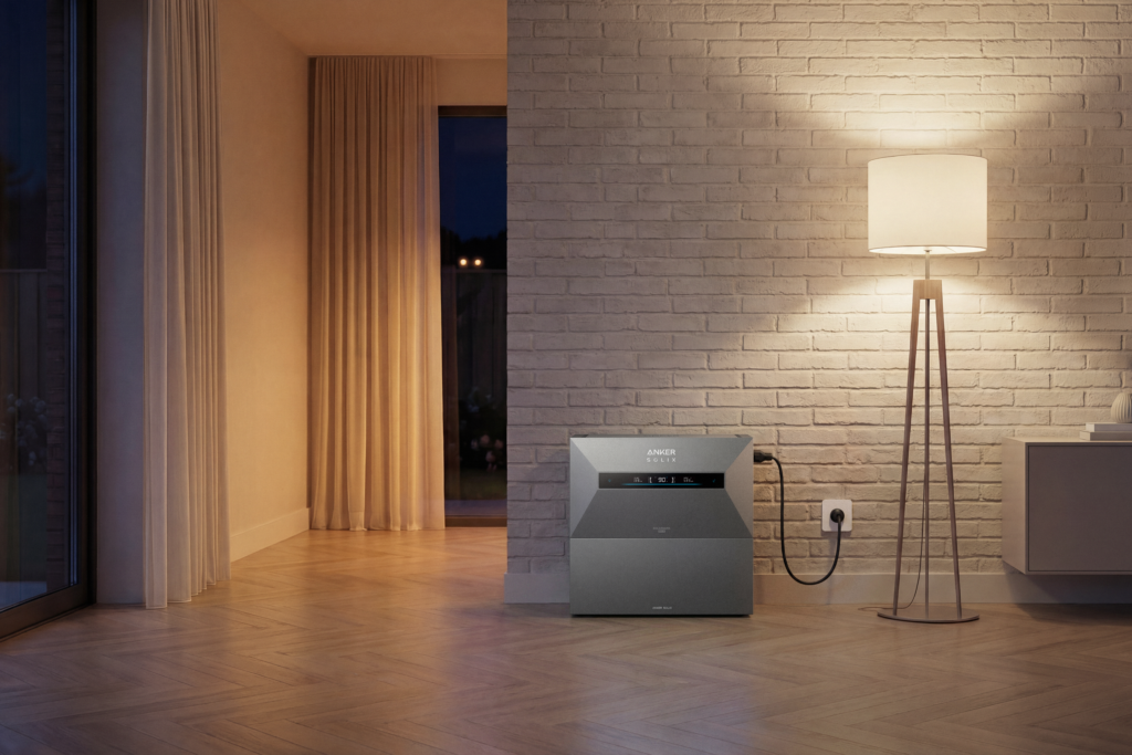 Eine graue Anker Solix-Heimbatterie, die in einem Wohnzimmer an einer weißen Backsteinwand aufgestellt und an eine Steckdose angeschlossen ist, neben einer modernen Stehlampe aus Holz mit weißem Lampenschirm.