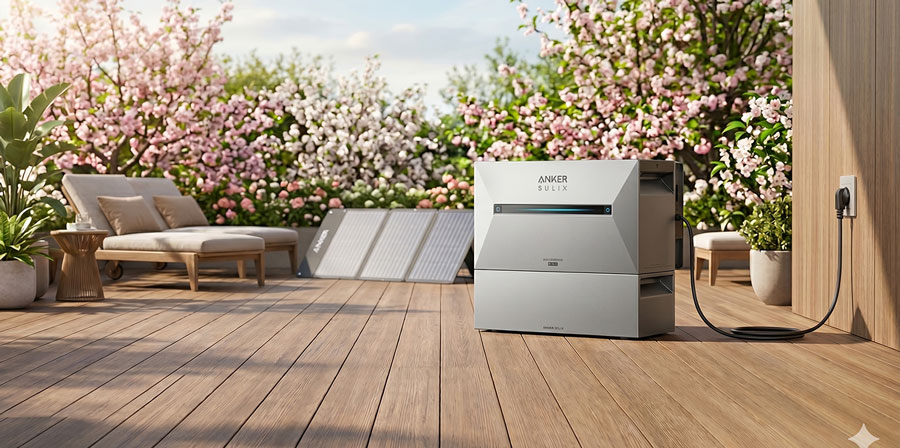 Anker Sulix grijze portable powerstation op houten terras nabij inklapbare zonnepanelen en bloeiende planten, geschikt voor offgrid stroomvoorziening