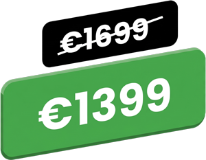 Rabattetikett mit durchgestrichenem Preis von 1699 € und grünem Aufkleber mit dem neuen Preis 1399 € in weißen Buchstaben