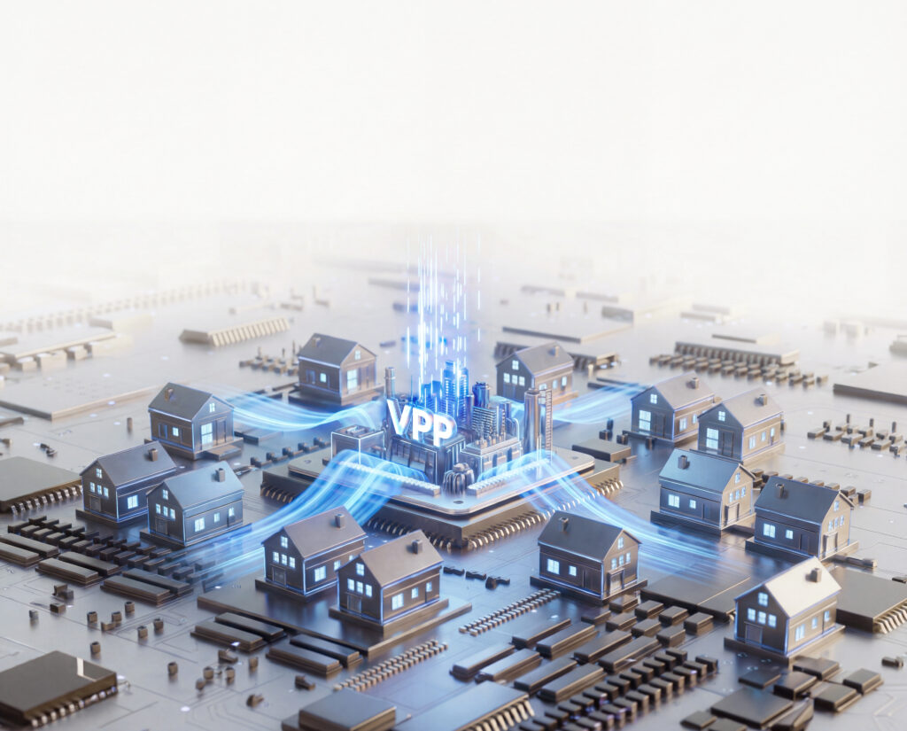 3D-Visualisierung des VPP-Konzepts (Virtual Power Plant) mit blauen Energieflüssen um kleine graue Häuser auf einer Leiterplatte, die eine intelligente Energiespeicherung und -verteilung für netzunabhängige Energielösungen symbolisieren.