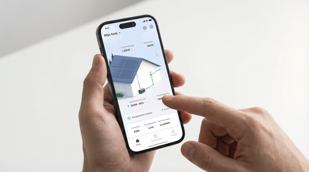Die App zur Überwachung von Solarmodulen auf dem Smartphone, in Verbindung mit „Haus“ und „Solarbank Max AC“, zeigt Energieflüsse und Ertrag in Echtzeit auf einer blau-weißen Benutzeroberfläche an.