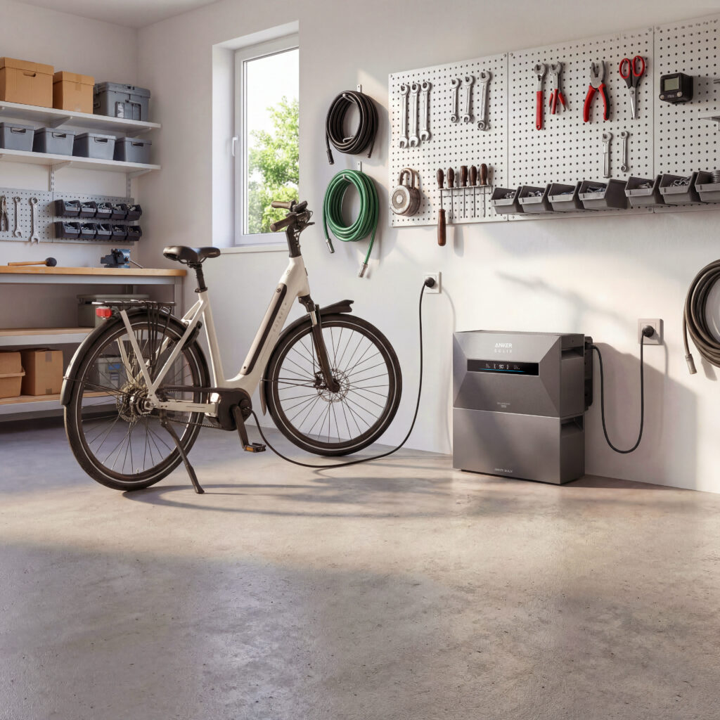 Die beste Heim-Batterie mit Netzanschluss: Eine graue Anker Solix-Heim-Batterie steht auf dem Boden einer aufgeräumten Garage und ist an die Steckdose angeschlossen, im Vordergrund ist ein weißes Elektrofahrrad zu sehen.