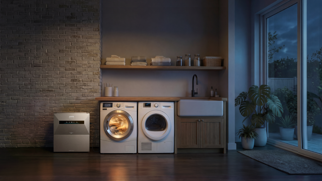 Anker Solix-Solarbatterie in einem modernen Waschraum in Weiß und Grau, neben Waschmaschine und Trockner, ein warm beleuchtetes Holzregal mit gefalteten Handtüchern und Gläsern ganz oben, Abendlicht, das durch ein großes Fenster mit Pflanzen hereinfällt.