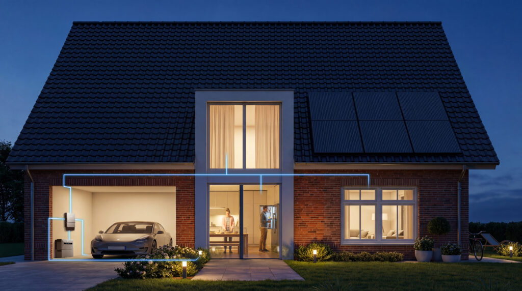 Schwarze Solarmodule auf dem dunklen Dach eines modernen Wohnhauses mit Innenbeleuchtung und einem Elektroauto in der Garage, das an die Hausbatterie und den Wechselrichter angeschlossen ist, was durch blaue Stromlinien sichtbar wird