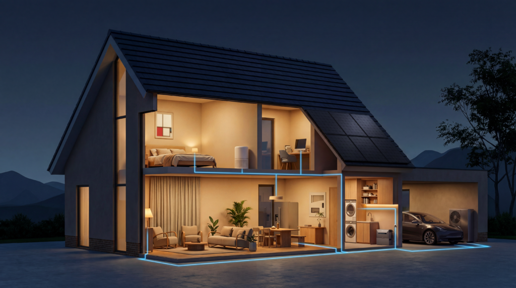 Solarstromanlage mit schwarzen Solarmodulen auf dem Dach eines modernen Hauses, Innenraum mit Bett, Bürostuhl, Waschküche und Garage, blau leuchtende Stromlinien, die die Energieverteilung im Haus bei Einbruch der Dämmerung veranschaulichen